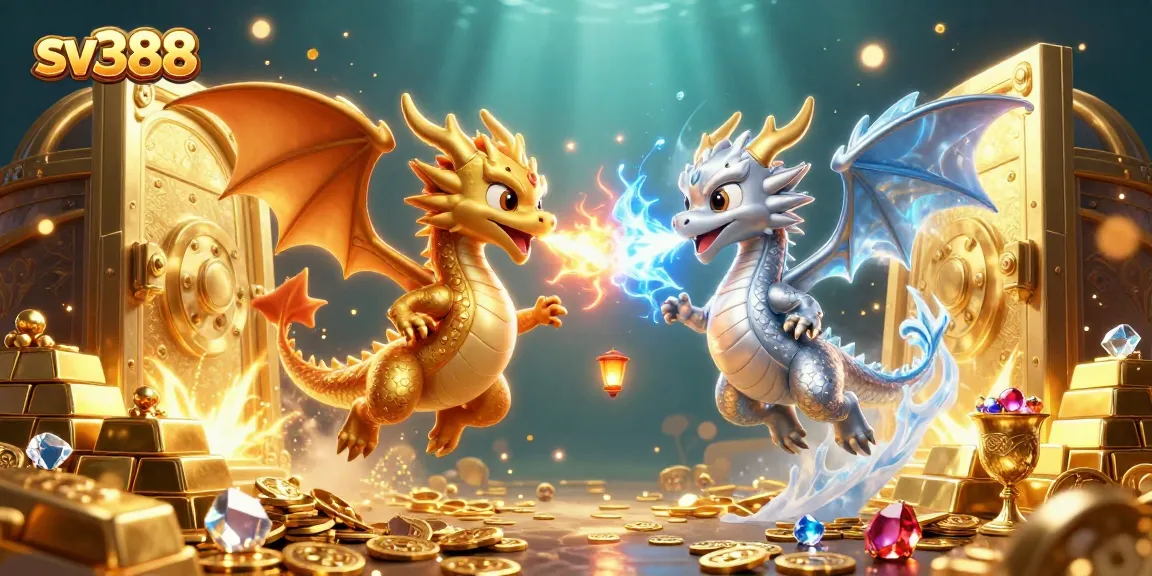 Engage in lively sv388 cockfighting action with gold and silver dragons amidst treasure and gems.