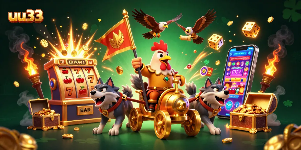 Experience thrilling jackpots with uu33 in a vibrant casino scene featuring a rooster warlord.
