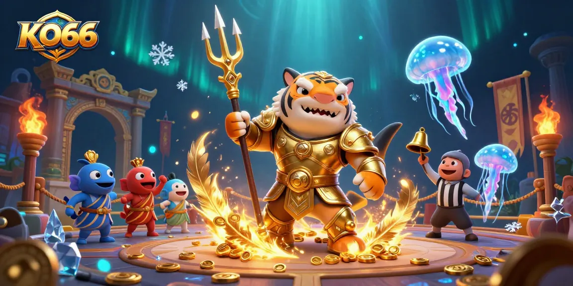 Experience excitement at KO66 with an exhilarating illustration of a gladiator shark elevating gaming moments in an underwater casino.