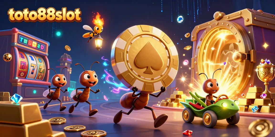 Toto88slot shows ants on a heist carrying a golden poker chip in a vibrant casino scene.