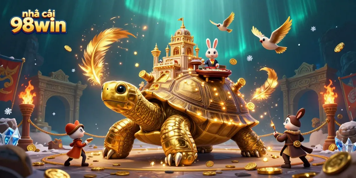 Engage with nhà cái 98win in a vibrant online casino world featuring a golden tortoise and dynamic game elements.