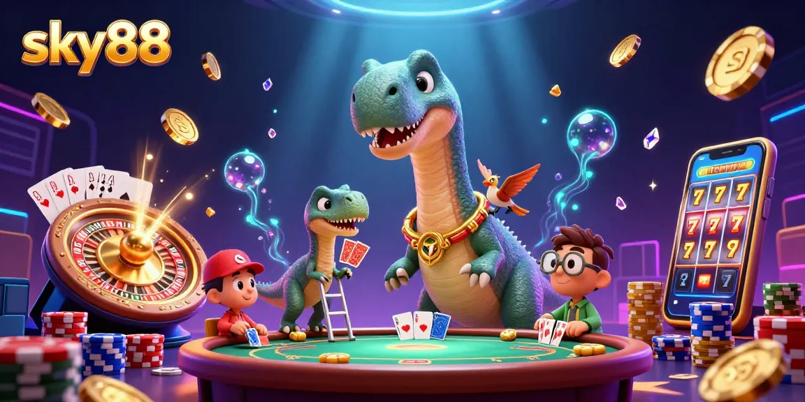 Experience exciting gaming at sky88 with vibrant characters and casino elements in action.