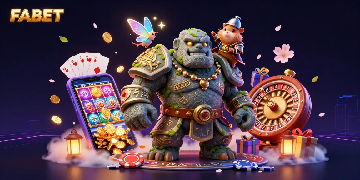 Engage with FABET as a mysterious golem guardian, fairy magic, and a knight amid vibrant casino elements.