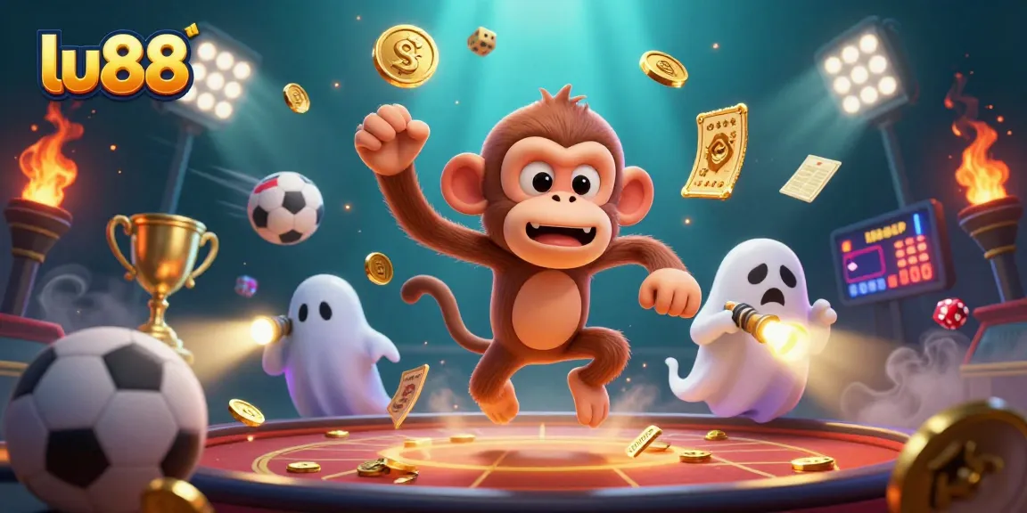 Experience thrilling bets at lu88 with a mischievous monkey and curious puppy in a dynamic casino scene.