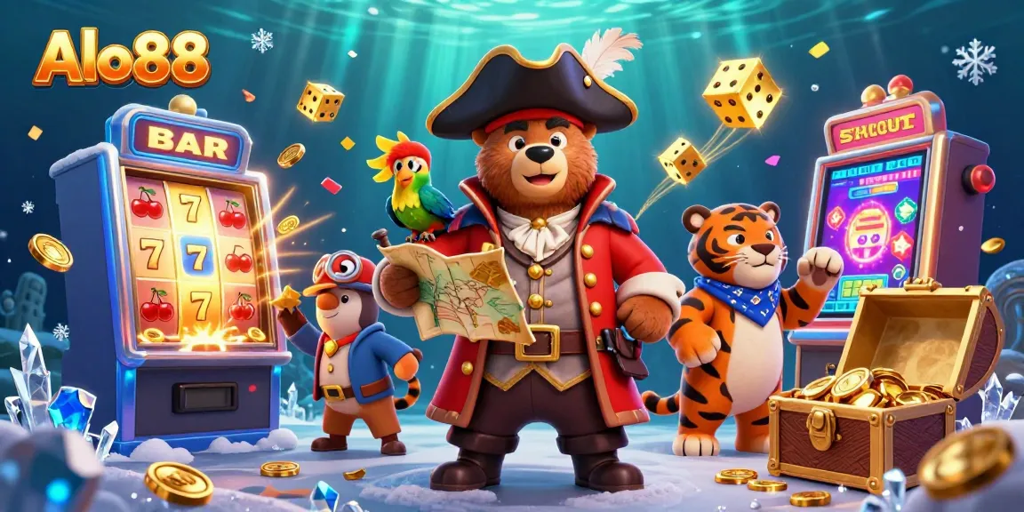 Alo88 captivates players with a vibrant 3D illustration showcasing a pirate bear and tiger amid jackpot excitement.