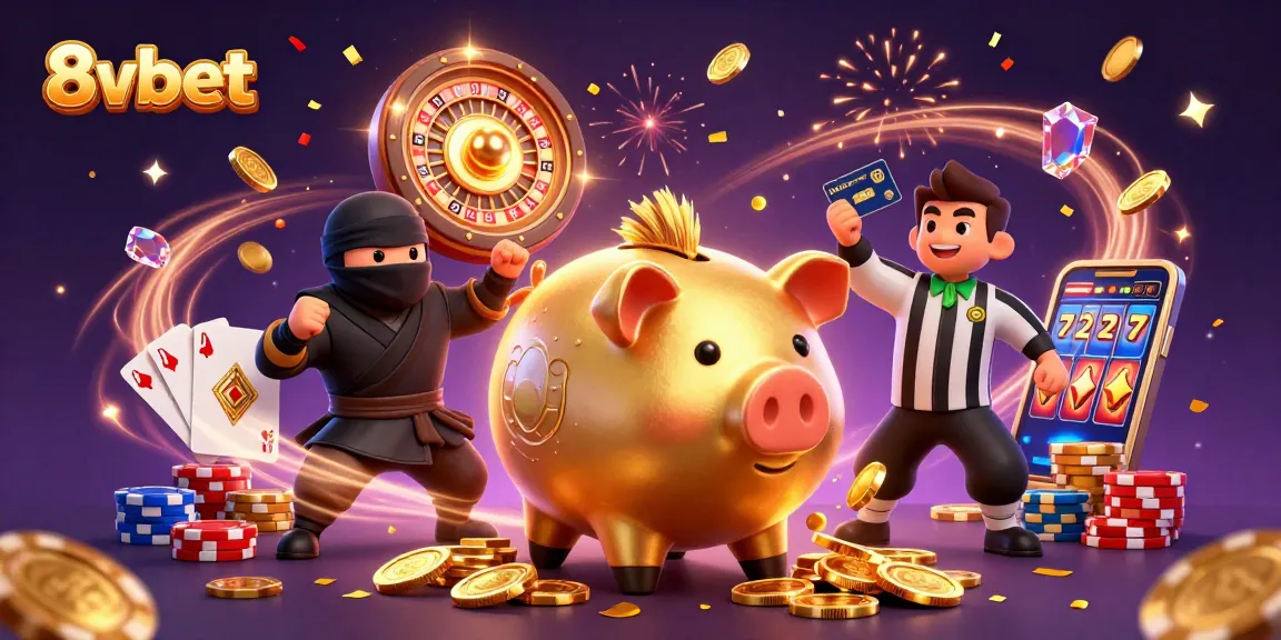 8vbet showcases a dynamic gambling scene with animated characters celebrating winnings amidst golden coins and vibrant casino elements.