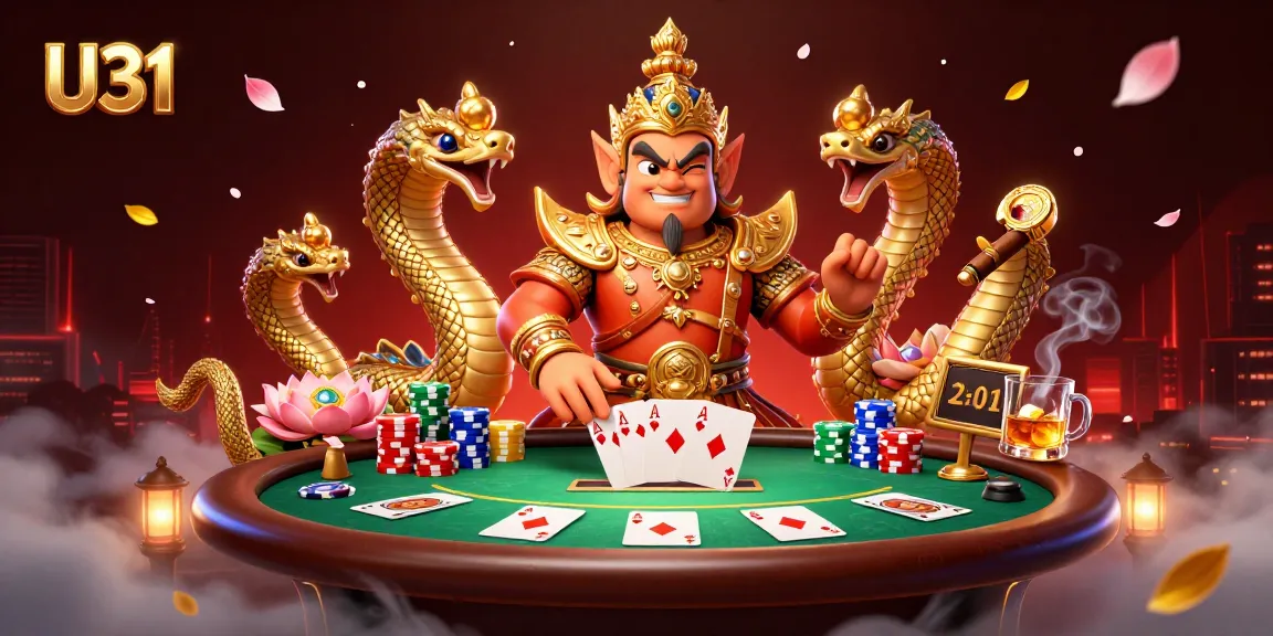 U31 casino illustration showcasing a Thai temple guardian with poker elements in a vibrant setting