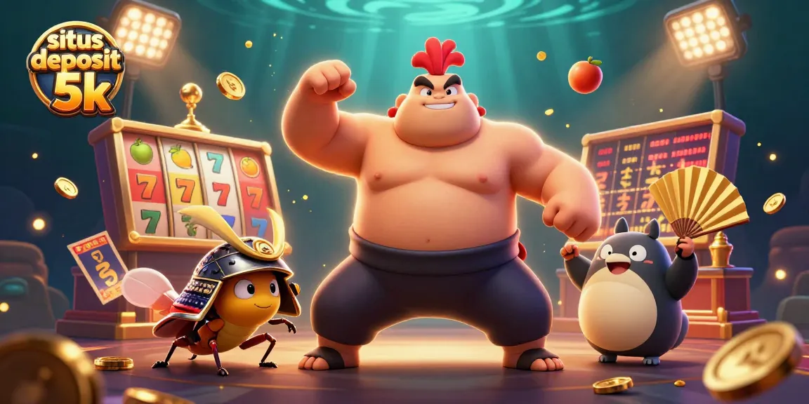 Sparkling casino scene featuring situs deposit 5k with a sumo rooster, cricket, and tanuki, surrounded by dynamic slot elements.