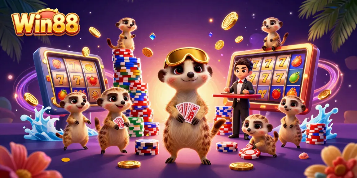 Win88 engaging in slot gaming with lively meerkats and vibrant casino elements