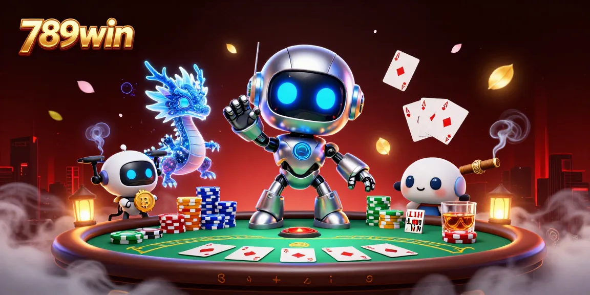 Experience thrilling poker adventures with 789win, featuring a robot mascot and poker elements.