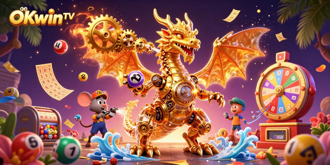 Experience the ultimate gaming excitement on OKwinTV with dynamic lottery elements and a stunning dragon illustration.