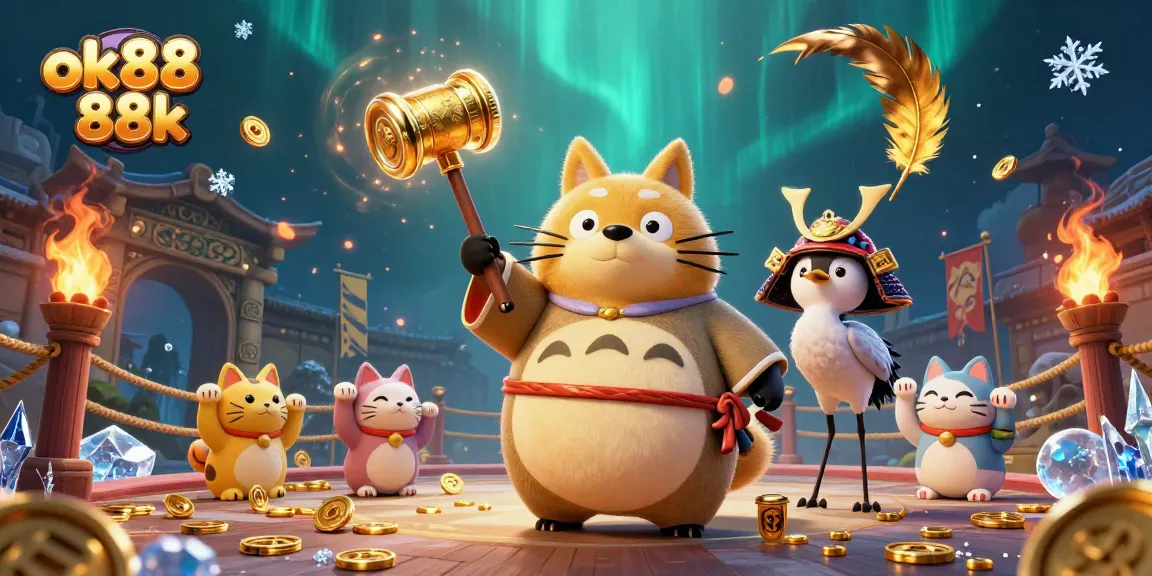 Engage with ok88 88k in a vibrant 3D casino scene featuring lucky tanuki and fortune cats.