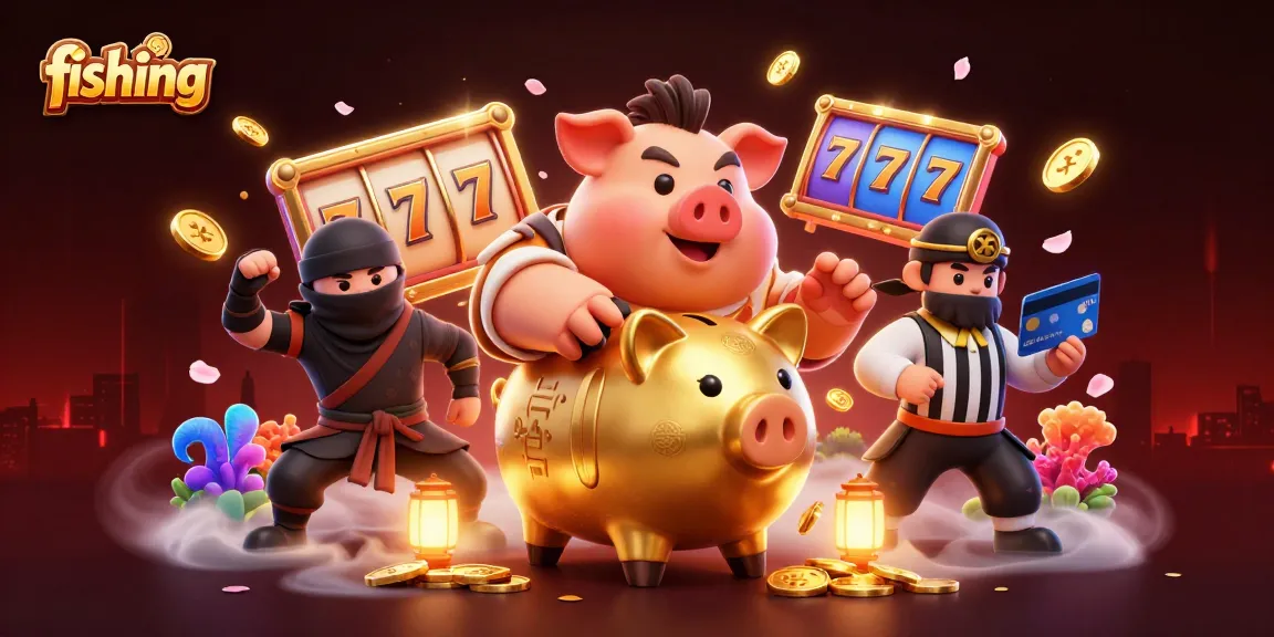 Fishing-themed slot game illustration with dynamic characters and vibrant elements