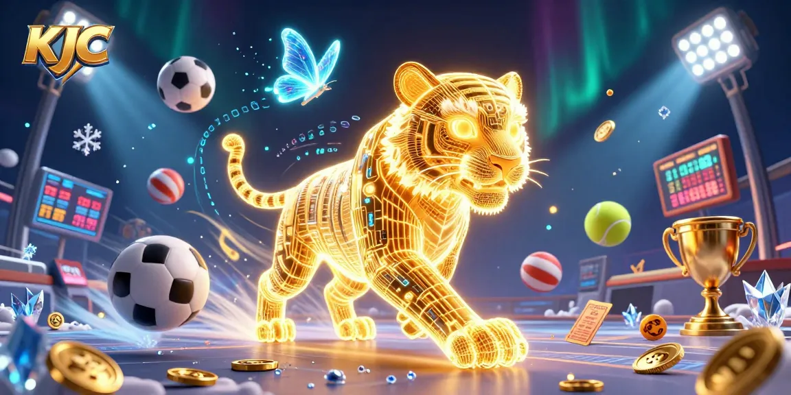 KJC invites players to immerse in an electrifying casino adventure, featuring a glowing tiger with dynamic sports elements.