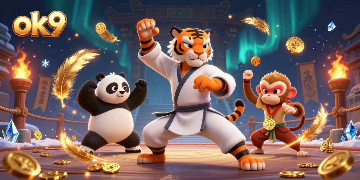 Experience thrilling wins with ok9 in a vibrant casino scene showcasing Kung Fu masters.