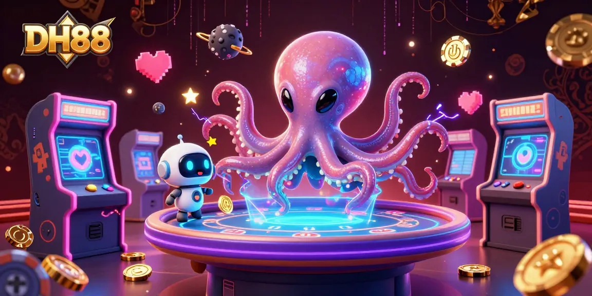 Engage with thrilling poker games at DH88, featuring an alien octopus gaming with holographic chips.