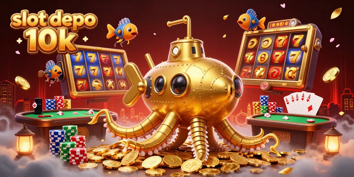Experience thrilling gameplay with slot depo 10k, featuring vibrant casino elements and a gold kraken submarine.