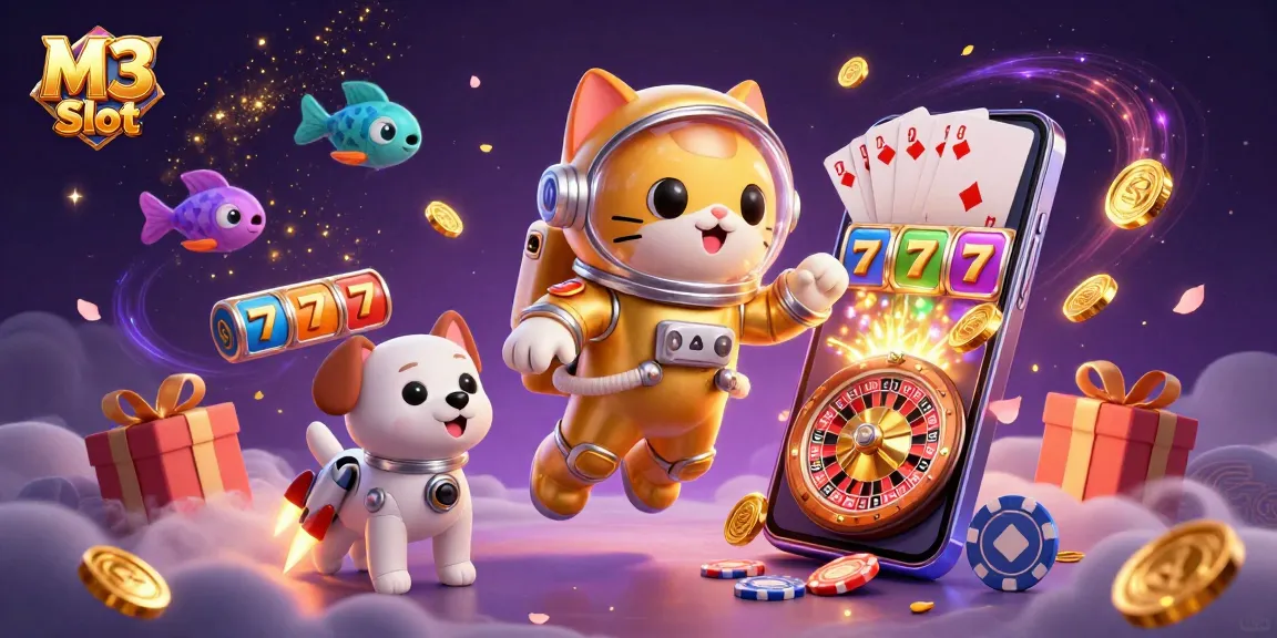 M3 Slot showcases vibrant casino fun with a 3D astronaut cat amidst colorful gaming elements.