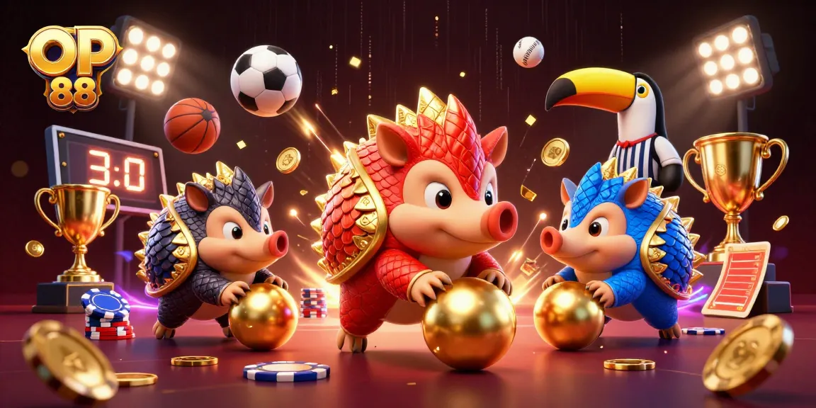 Experience thrilling action at OP 88 with vibrant pangolins bowling through poker chips and flying sports balls.
