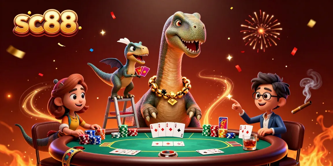 Experience thrilling moments at sc88 with a dynamic casino scene featuring dinosaurs and poker action.