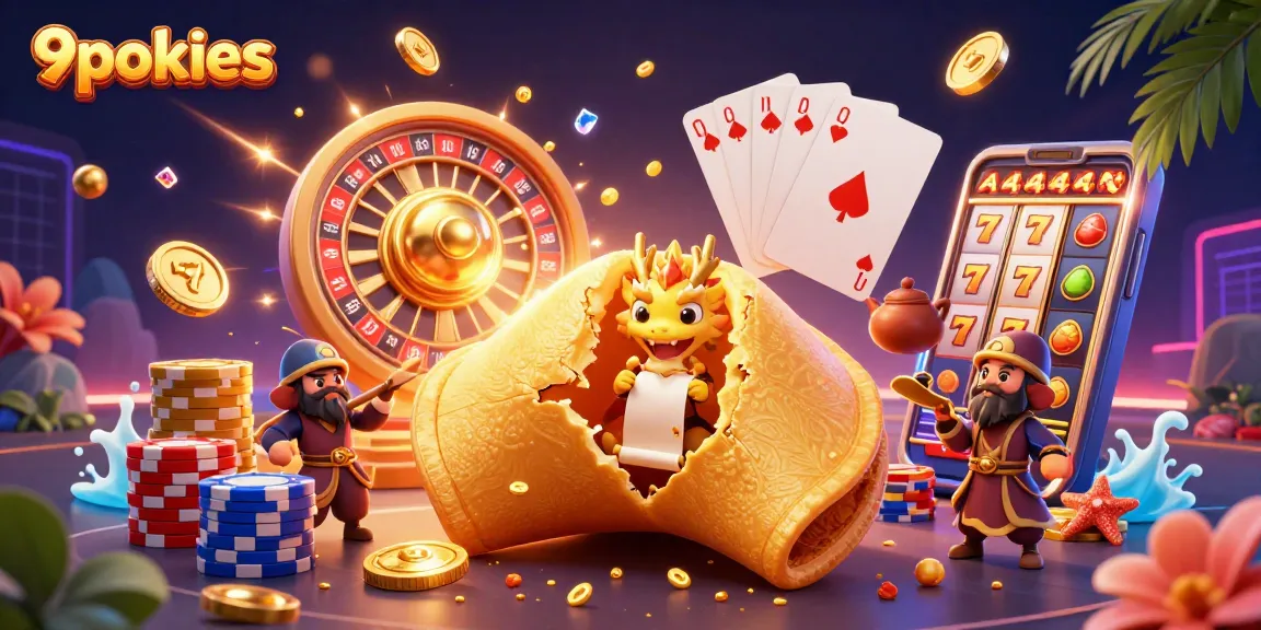 Engage with 9pokies' vibrant scene featuring a golden fortune cookie and casino elements.