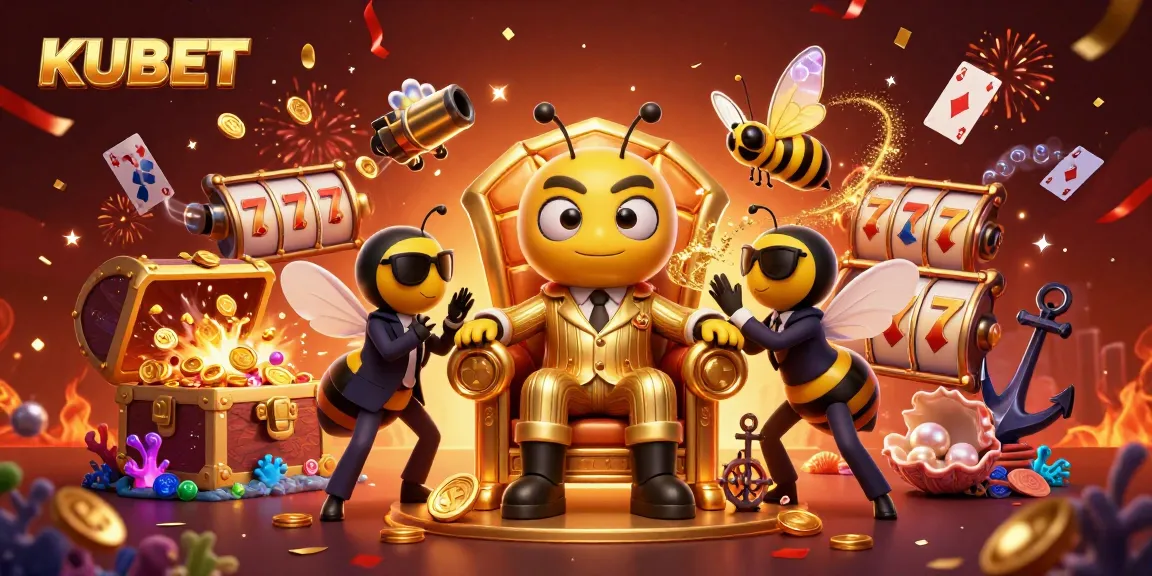 KUBET showcases a vibrant cartoon casino scene filled with slot machines and sparkling treasures.