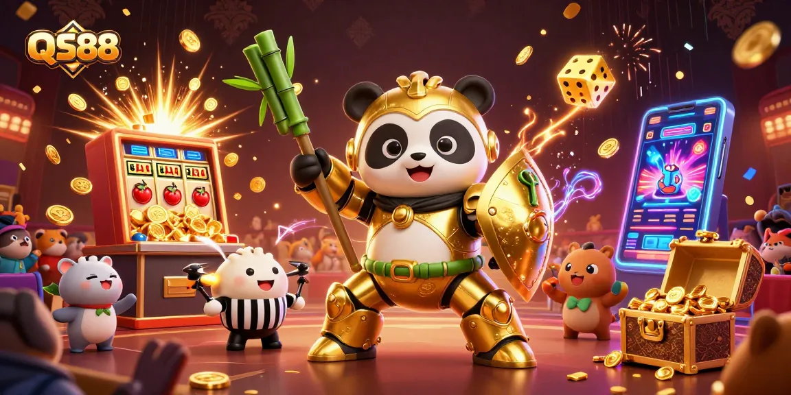 Spin to win with QS88 in a vibrant casino scene featuring a mech-suit panda, slot machines, and dynamic gameplay elements.