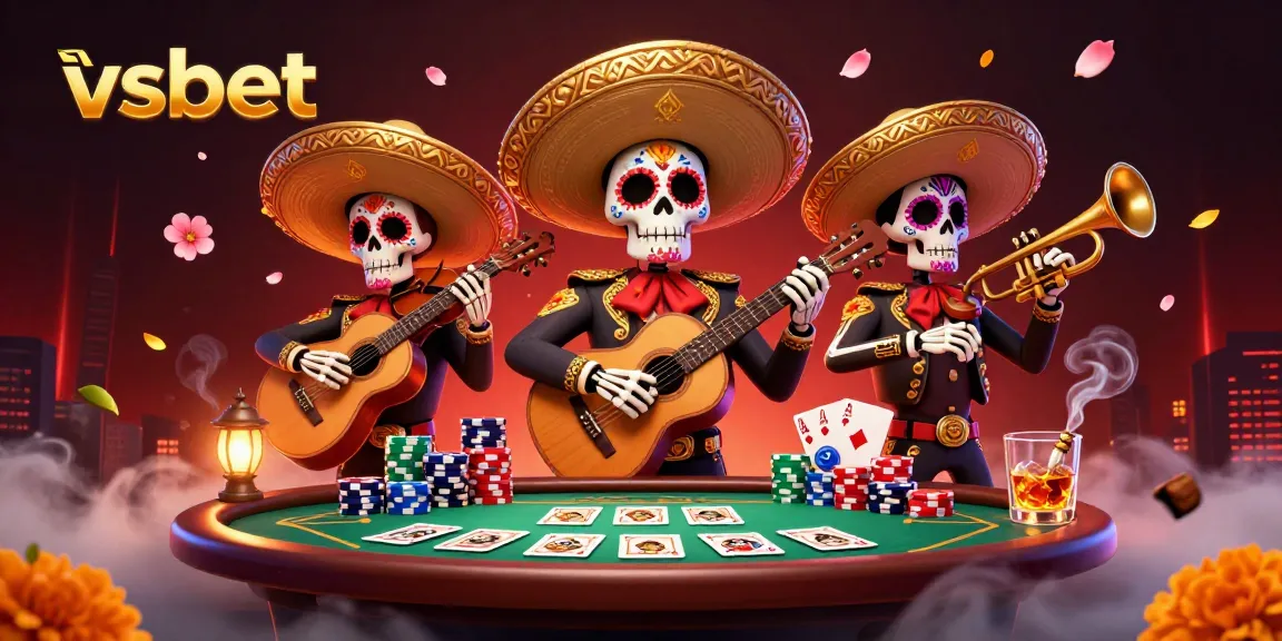 Experience the excitement of vsbet casino with vibrant mariachi skeletons amidst poker action.