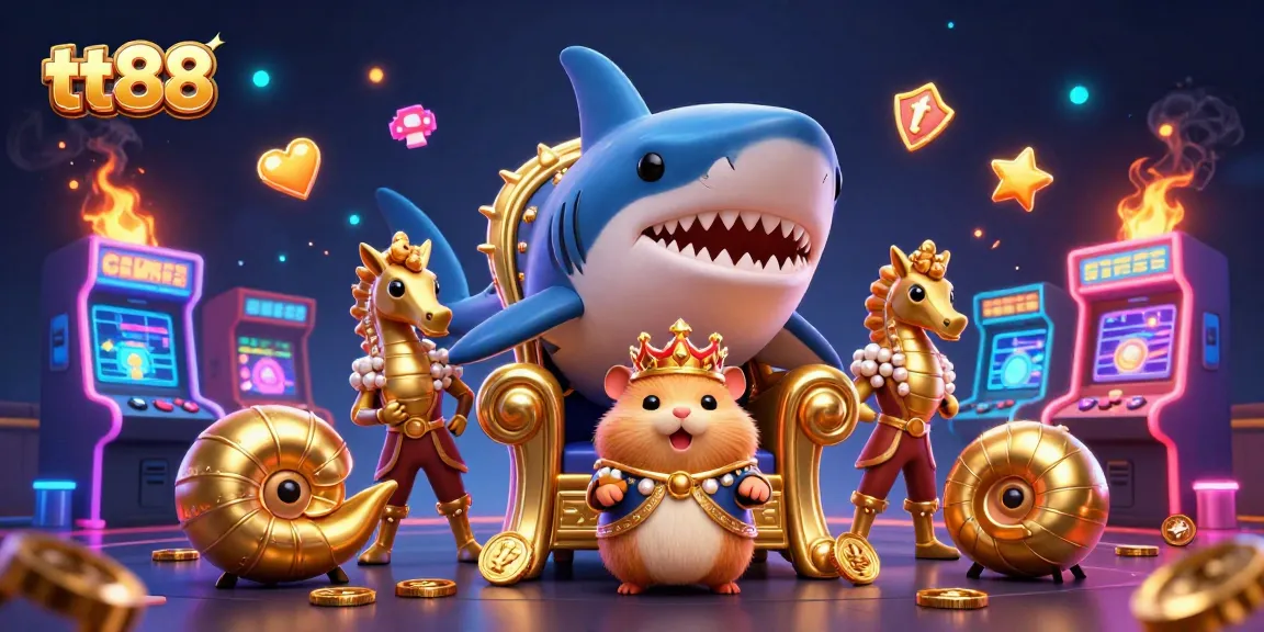Engage with the vibrant adventures of tt88, showcasing a hamster king on a megalodon throne amid arcade-game elements.