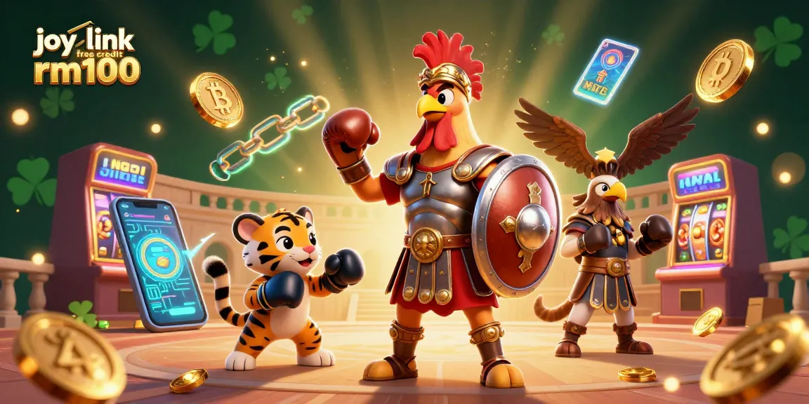 Engage with joy link free credit rm100 strategy in an animated 3D casino scene featuring a rooster gladiator.