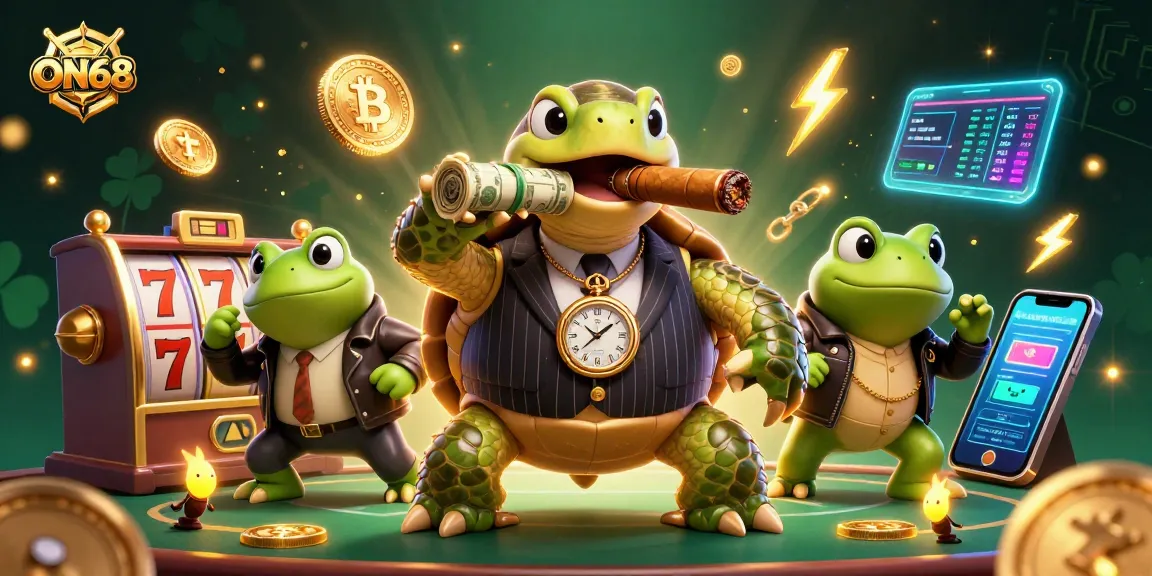 Experience the excitement of ON68 with a vibrant 3D scene featuring a snapping turtle in a mobster suit.