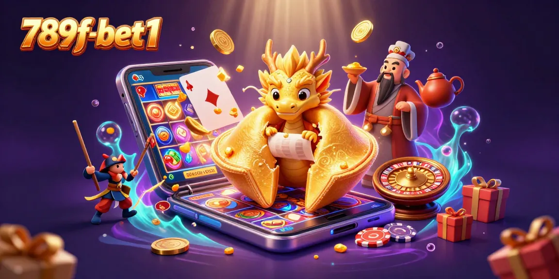 Engage players with a vibrant scene of 789f-bet1 featuring a golden fortune cookie and dynamic casino elements.