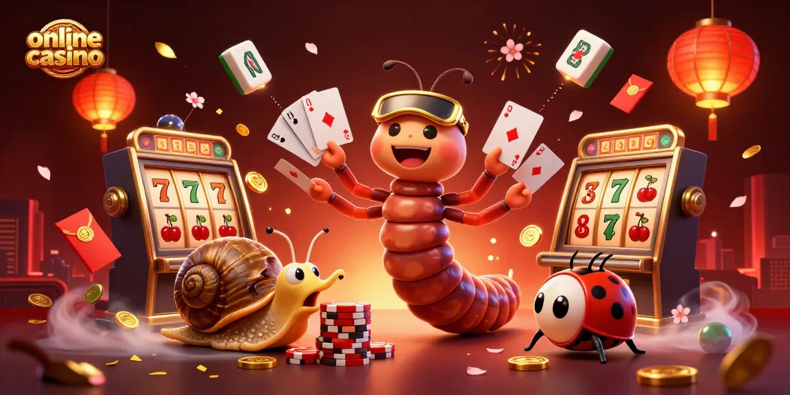 Engaging scene showcasing an online casino with a millipede dealer, high-roller snail, and vibrant slot elements.