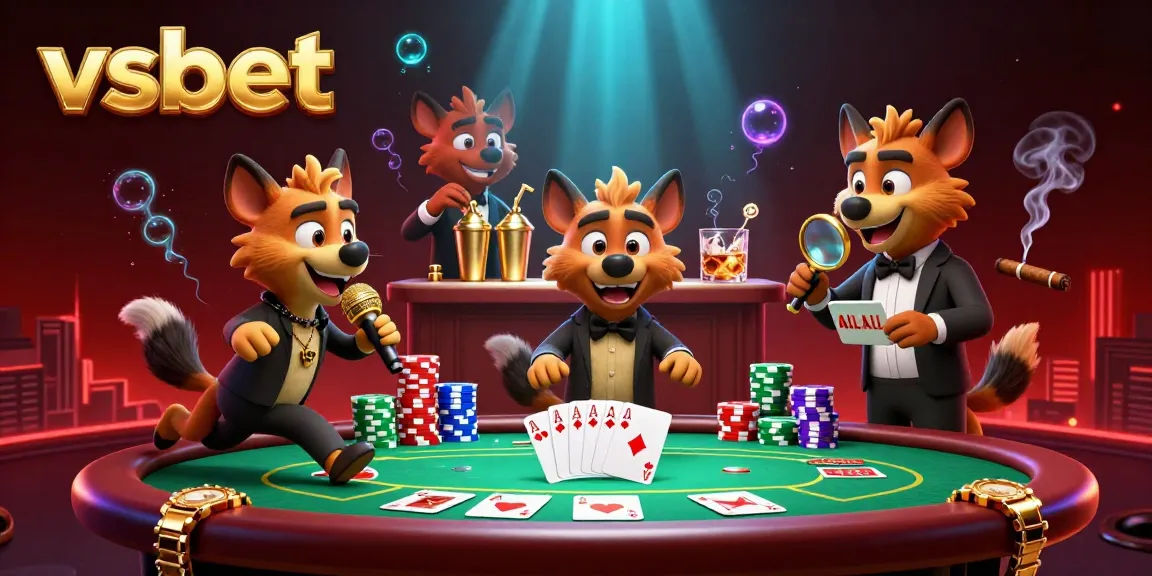 Experience the thrill of vsbet gaming with lively hyenas at a dynamic casino scene showcasing poker and comedic fun.