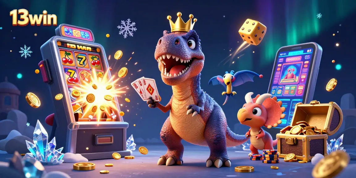 Experience the excitement of 13win with a playful illustration of characters in an engaging casino setting.