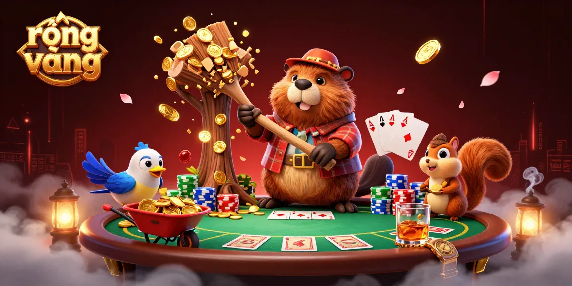 Experience the thrill of winning with rồng vàng as a cartoon beaver, bird, and squirrel collect coins at a vibrant poker scene.