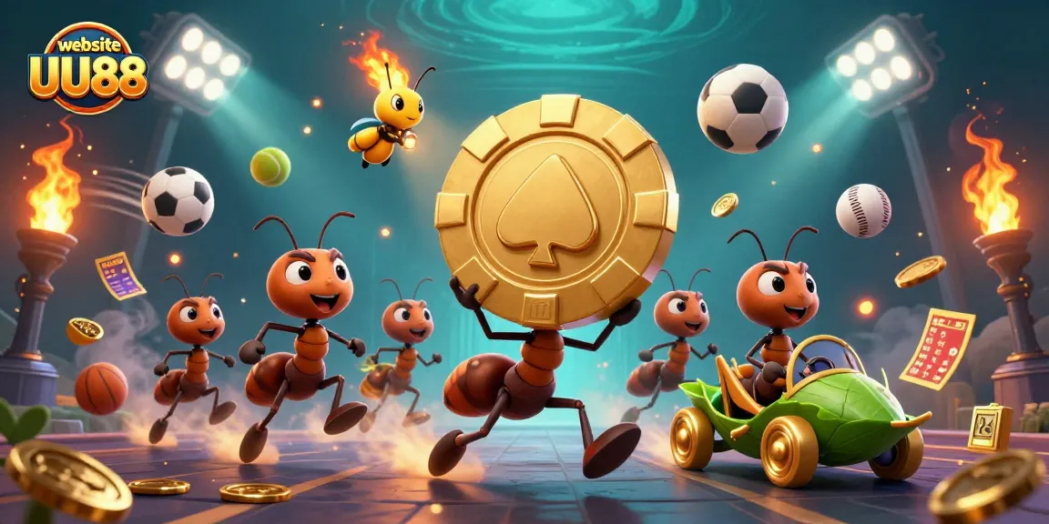 Engage in thrilling gameplay at website UU88 with vibrant casino-themed illustration showcasing whimsical characters and dynamic action.