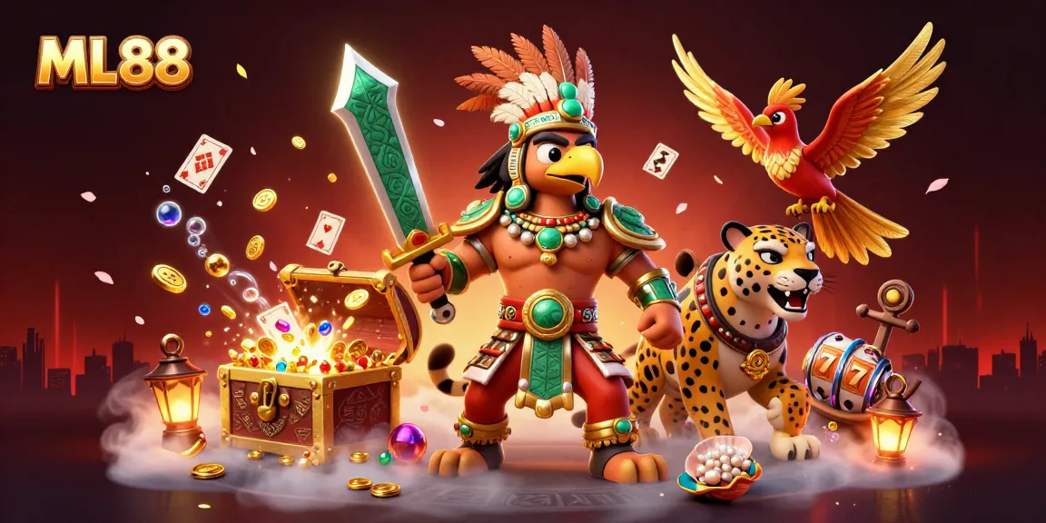 Experience high-stakes gaming at ML88 with vibrant casino elements and dynamic characters.