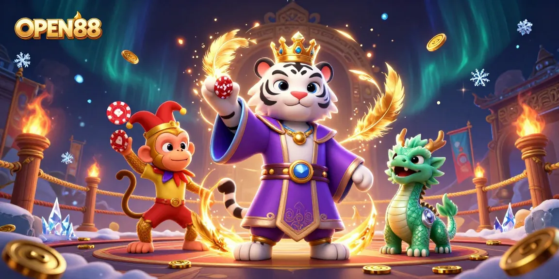Experience the thrill of OPEN88 with a powerful 3D casino scene featuring a royal tiger and monkey