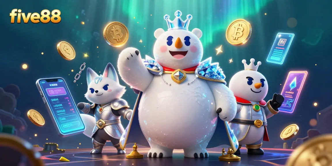 Win big at five88 with vibrant slots and crypto-themed characters in a dynamic casino scene!