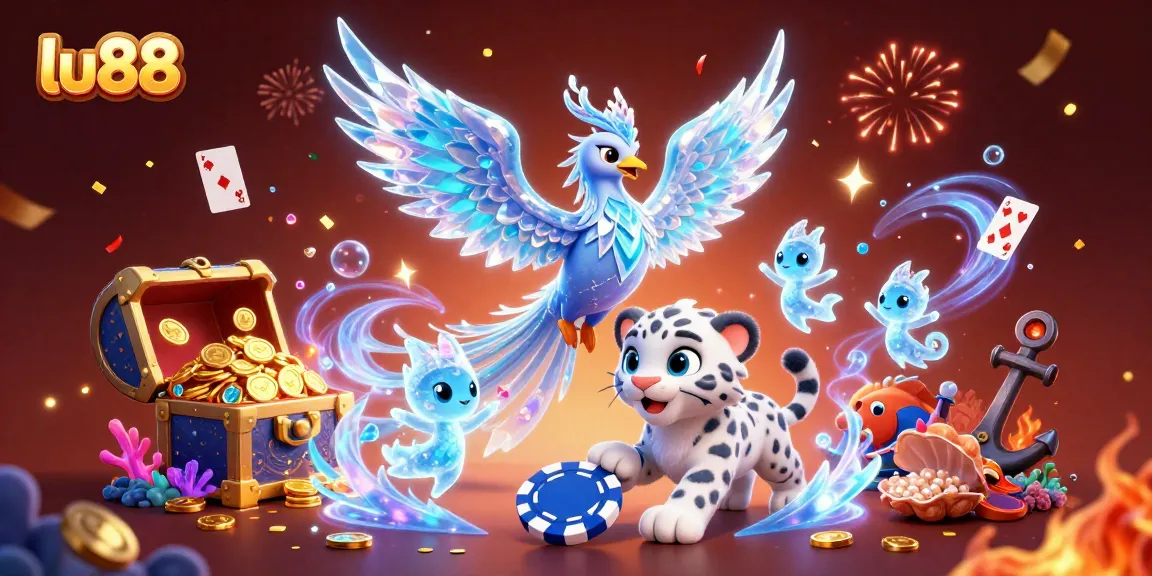 Experience the vibrant world of lu88 with an ice phoenix, playful snow leopard, and dazzling casino elements.