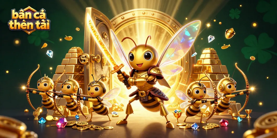 Bắn cá thần tài game features a hornet samurai and bee archers in a vibrant treasure scene.