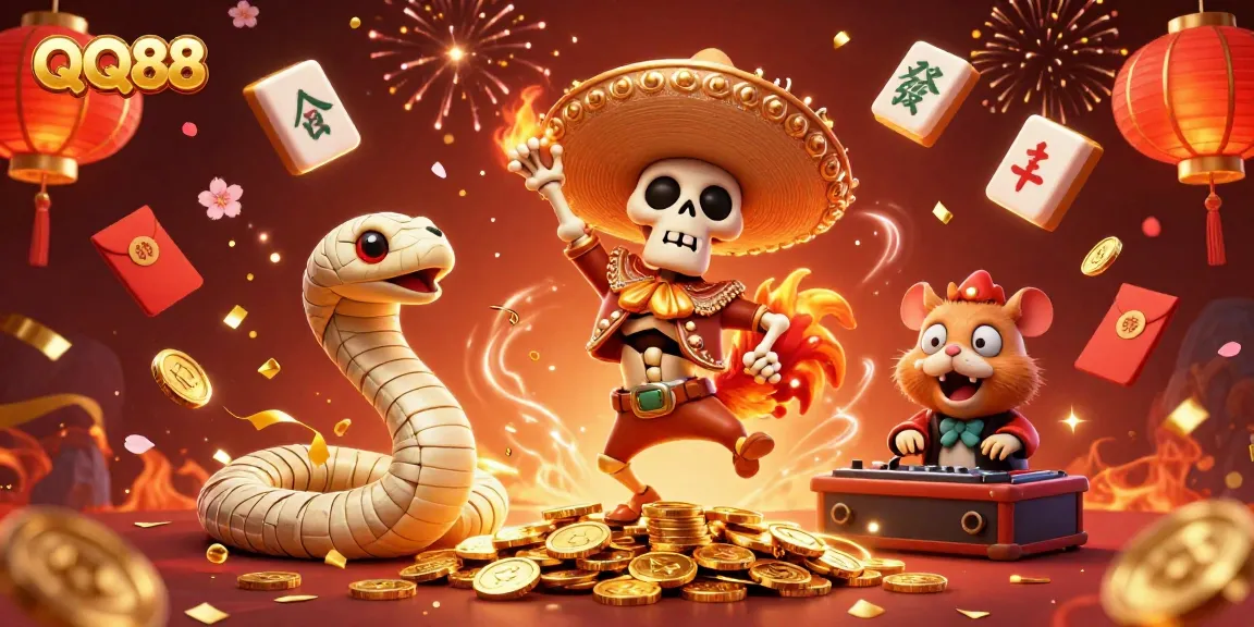Experience the excitement of QQ88 with vibrant characters dancing among riches in a thrilling casino setting.