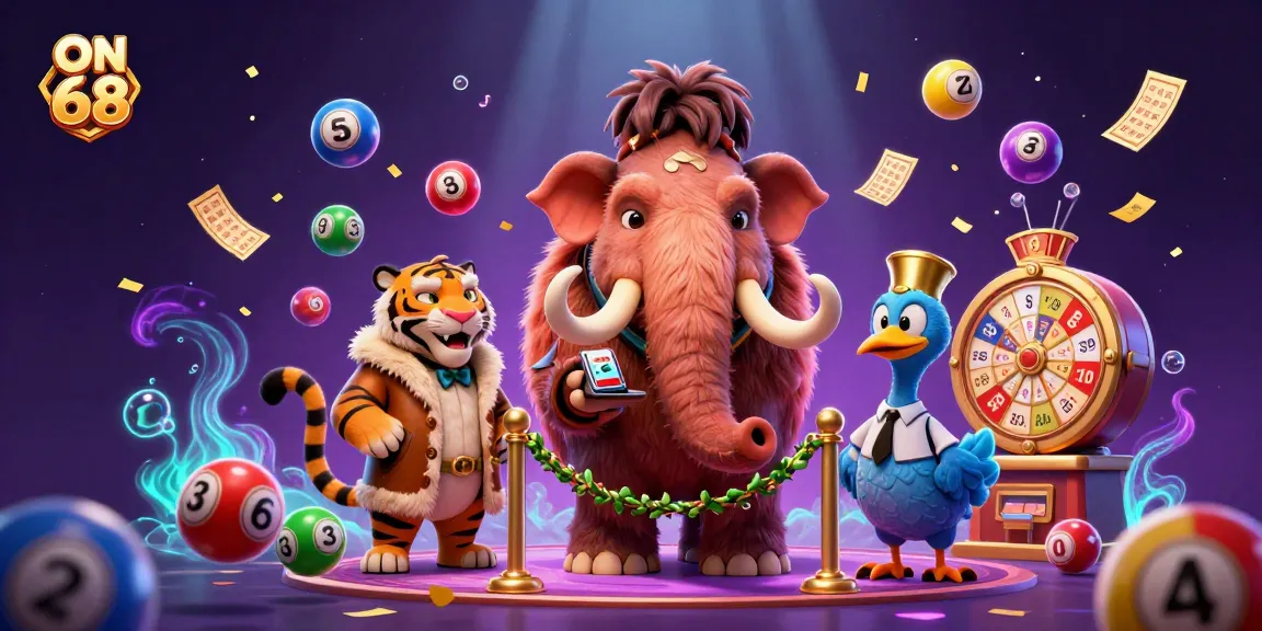 Play thrilling games at ON 68 casino with a vibrant scene showcasing a woolly mammoth bouncer and dynamic lottery elements.