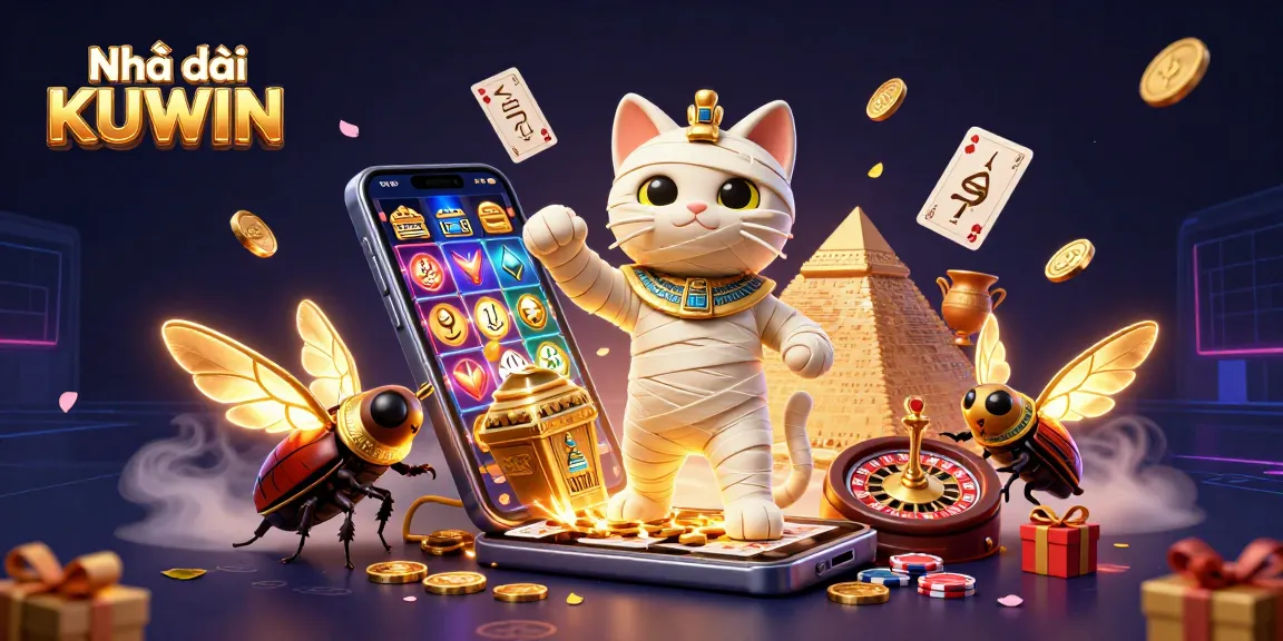 Engage with Nhà cái KUWIN in this vibrant 3D casino scene featuring a mummy cat and scarab.