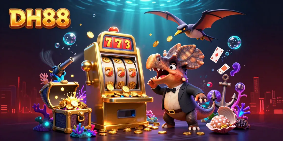 DH88 features a vibrant 3D scene of a pachycephalosaurus headbutting a slot machine with an ankylosaur and pteranodon in action.