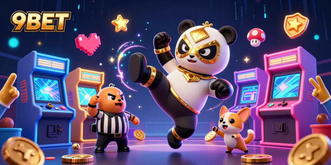 9BET delivers a vibrant casino experience with animated characters in an engaging 3D scene featuring a panda doing a flying kick.