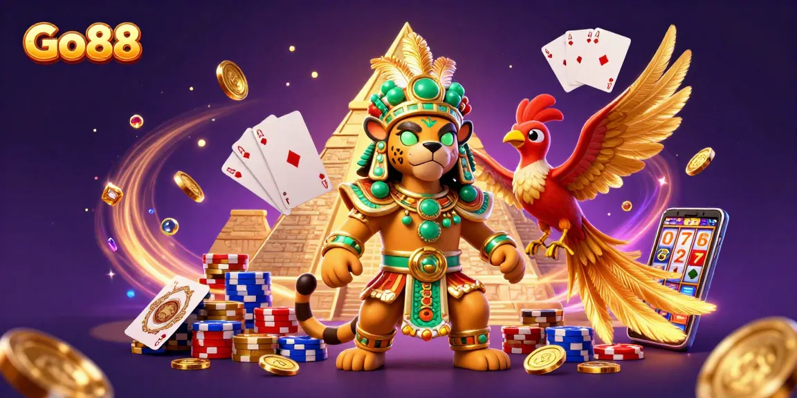 Engage with exciting gaming elements at Go88 in a vibrant casino illustration.
