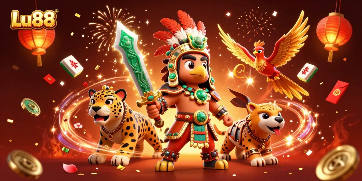Spin reels and win big at Lu88 with thrilling 3D illustrations of Aztec warriors and vibrant casino games.