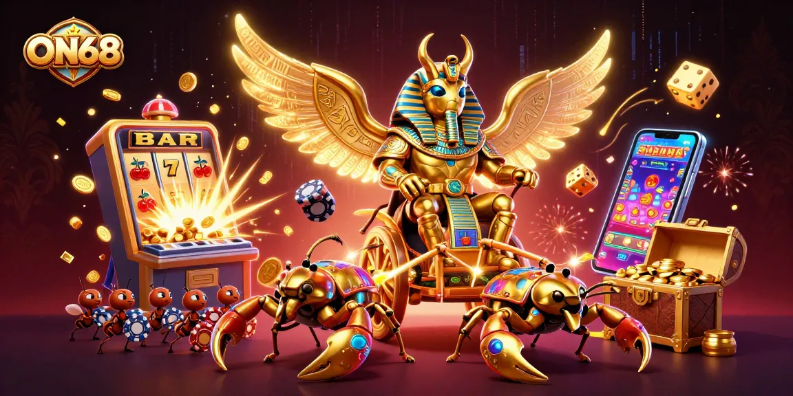 ON68 engages players with a lively casino scene featuring a golden scarab, scorpions, and a jackpot explosion.